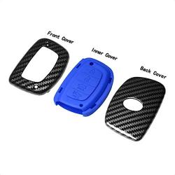 TANGSEN Smart Key Fob Case for HYUNDAI ELANTRA GT TUCSON 4 Button Keyless Entry Remote Black Carbon Fiber Pattern ABS Blue Silicone Cover