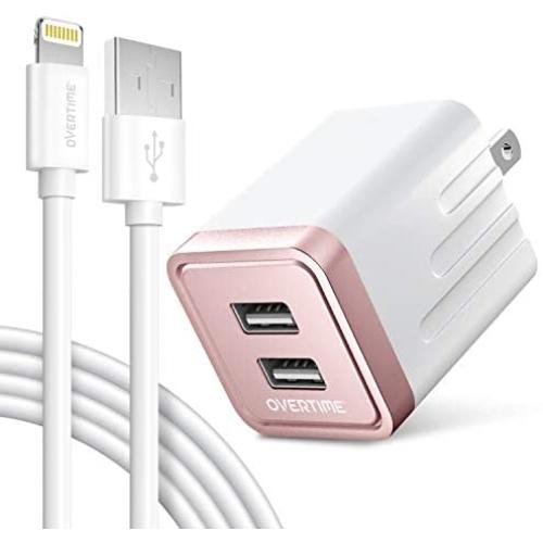 iPhone Charger Set, Overtime Apple MFi Certified Lightning Cable with Dual USB Wall Adapter 2.4 AMP Compatible w/iPhone 11 Pro Max XS XR X 8 7 6S 6 Plus SE AirPods iPad (Rose Gold/White, 4ft)