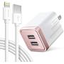 iPhone Charger Set, Overtime Apple MFi Certified Lightning Cable with Dual USB Wall Adapter 2.4 AMP Compatible w/iPhone 11 Pro Max XS XR X 8 7 6S 6 Plus SE AirPods iPad (Rose Gold/White, 4ft)
