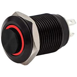 12mm 1/2'' Momentary Push Button Switch 1NO SPST Black Metal Shell LED Ring Light Waterproof Toggle Switches (Red Light)
