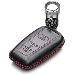 Vitodeco Genuine Leather Remote Key Fob Case Cover Protector with Key Chain for 2019 Toyota Corolla Hatchback, Avalon, Camry, Prius, C-HR (3 Buttons, Black/Red)