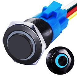 mxuteuk 16mm High Round Cap Latching Push Button Switch 1 NO 1 NC SPDT ON/Off Black Metal Shell with 12v Blue LED Ring with Wire Socket Plug Suitable for 5/8'' Mounting Hole GL-16-O-B-BU
