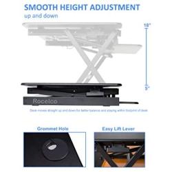 Rocelco 32'' Height Adjustable Standing Desk Converter - Sit Stand Computer Workstation Riser - Dual Monitor Retractable Keyboard Tray Gas Spring Assist - Black (R EADRB2)