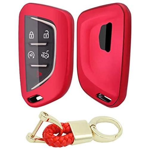 Royalfox(TM) for Cadillac New Blade Shape Key, 5 Buttons Soft TPU Full Protection keyless Remote Smart Key Fob case Cover Keychain for 2020 Cadillac ct5 CT4-V Corvette C8 (red)