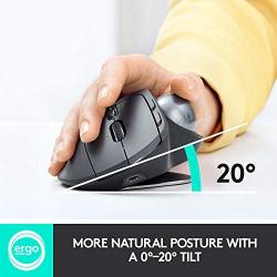 Logitech MX Ergo Wireless Trackball Mouse Adjustable Ergonomic Design, Control and Move Text/Images/Files Between 2 Windows and Apple Mac Computers (Bluetooth or USB), Rechargeable, Graphite - Black