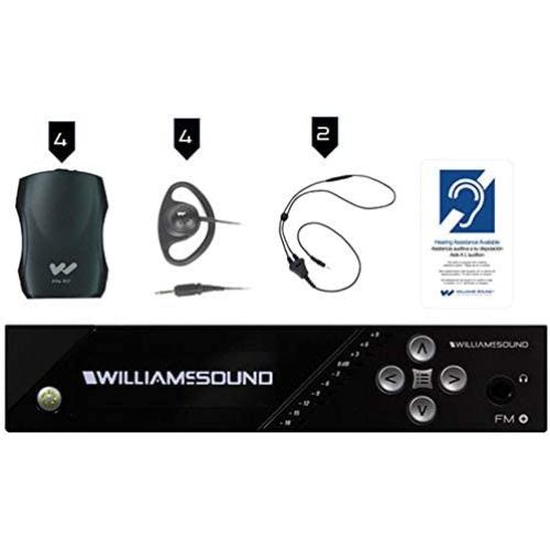 Williams AV FM 557 Large-Area Dual FM Plus and Wi-Fi Assistive Listening System with FM T55 Transmitter, (4) PPA R37N Receivers, (4) EAR 022 Earphones, (2) NKL001 Neckloops and IDP 008 ADA Wall Plaque