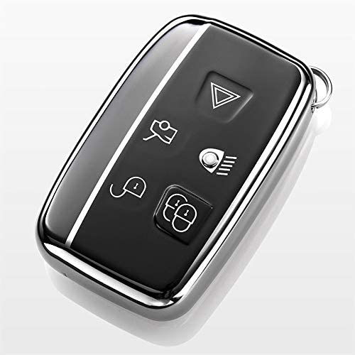 Royalfox(TM) 5 Buttons Full TPU Smart keyless Entry Remote Key Fob case Cover for Land Rover Defender Discovery Sport LR3 LR4 Range Rover Sport Evoque Velar,Jaguar XF XJ XJL XE F-PACE (Silver/Black)