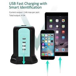 9.8ft Power Strip Tower USB Surge Protector Extension Cord Desktop Charging Station 9 Outlet 4 USB 1080J Adjustable Voltage 110-240V Fire Proof Multiple Plug for PC Tablet Computer Office SUPERDANNY