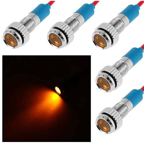 FICBOX 5Pcs LED Indicator Light 6MM 12V Metal Waterproof Signal Lamp with Wire for Car Truck Boat (Yellow)