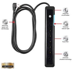 GE Surge Protector, 7 Outlet Power Strip, Extra-Long 8ft Power Cord, Flat Plug, Power Filter, Circuit Breaker, 1080 Joules, Warranty, Black, 34133