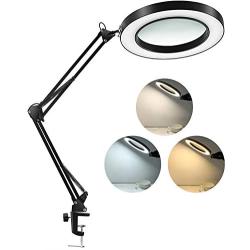 LANCOSC LED Magnifying Lamp with Clamp, 1,500 Lumens Stepless Dimmable, 3 Color Modes, 5-Diopter 4.3″ Real Glass Lens, Adjustable Swivel Arm Lighted Magnifier Light for Reading Craft Close Work-2.25X