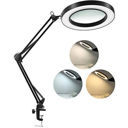 LANCOSC LED Magnifying Lamp with Clamp, 1,500 Lumens Stepless Dimmable, 3 Color Modes, 5-Diopter 4.3″ Real Glass Lens, Adjustable Swivel Arm Lighted Magnifier Light for Reading Craft Close Work-2.25X