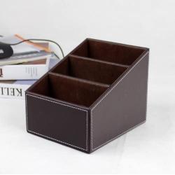 3 Slots Wooden Struction Leather Multi-function Desk Stationery Organizer Storage Box Pen/Pencil ,Cell phone, Business Name Cards Remote Control