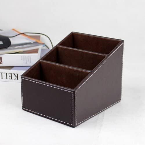 3 Slots Wooden Struction Leather Multi-function Desk Stationery Organizer Storage Box Pen/Pencil ,Cell phone, Business Name Cards Remote Control