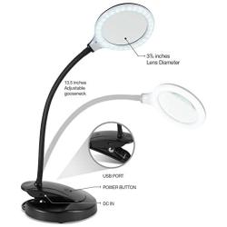 Brightech Lightview Magnifying Glass & Bright LED Lamp with Stand, Clamp - Lighted Glass Magnifier with USB Charging Port (Enjoy Music As You Work) – Dimmable Light for Reading, Crafts – 1.75x - Black