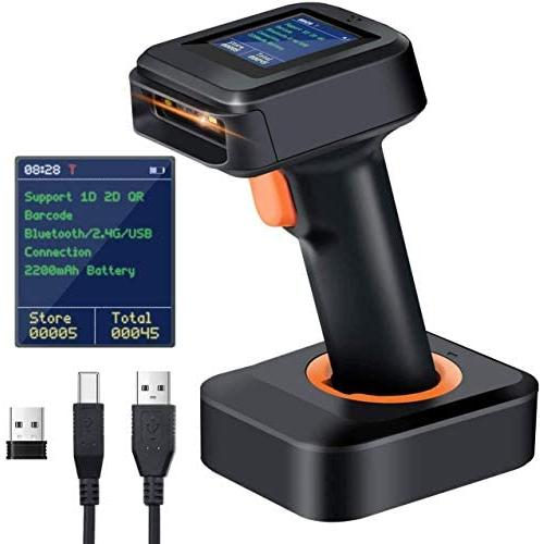 Tera 2D Barcode Scanner with Display Screen & Charging Base Patent No. 007825195-0003 1D 2D QR Bar Code Reader Work with Bluetooth & 2.4G Wireless for Warehouse Inventory