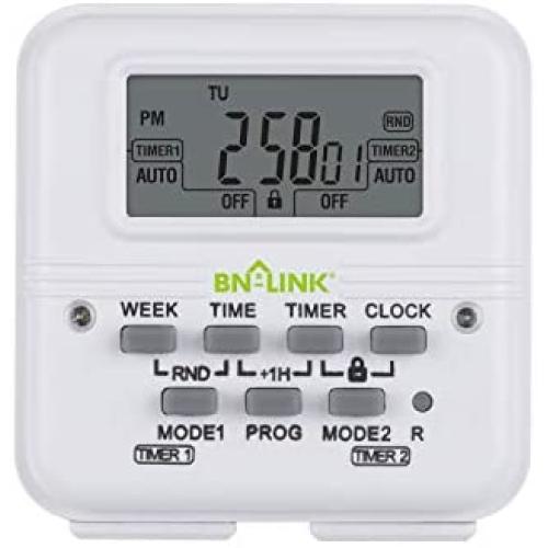 BN-LINK 7 Day Heavy Duty Digital Programmable Dual Outlet Timer - 2 Independently Programmable Grounded Outlets, 8 ON/Off Programs, Heavy Duty Electrical Timer Switch, 3 Prong, 15A/1875W