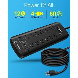 Power Strip,Witeem Surge Protector with 12-Outlet (1875W/15A,4360Joules) and 4 USB Charging Ports (5V/6A,30W),6Ft Extension Cord,Wall Mountable Overload Protection Outlet for Home & Office, Black