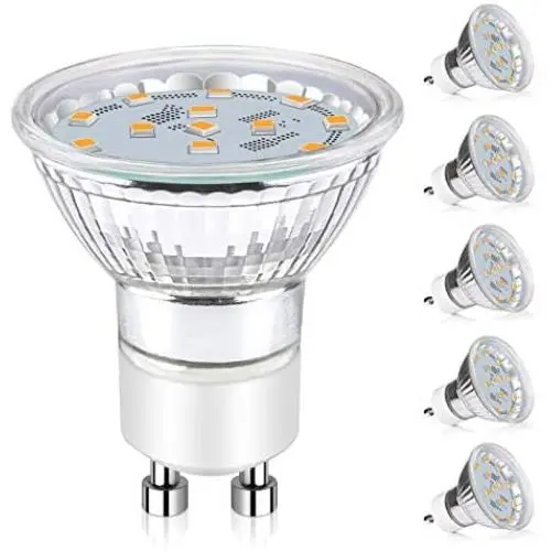Ascher GU10 LED Light Bulbs, 50W Halogen Bulbs Equivalent, 4W, 400 Lumens, Non-Dimmable, 2700K Warm White, 120° Beam Angle, LED Bulbs for Recessed Track Lighting , GU10 Base, Pack of 5 Ascher GU10 LED Light Bulbs, 50W Halogen Bulbs Equivalent, 4W, 400 Lumens, Non-Dimmable, 2700K Warm White, 120° Beam Angle, LED Bulbs for Recessed Track Lighting , GU10 Base, Pack of 5