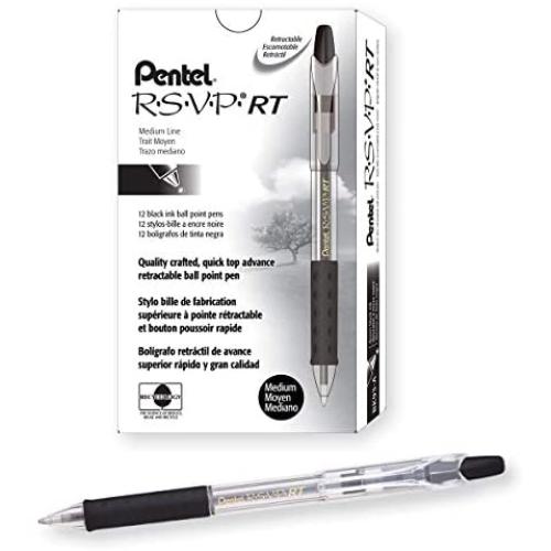 Pentel R.S.V.P. RT Retractable Ballpoint Pen, 1.0mm Tip, Black Ink, Box of 12 (BK93-A)