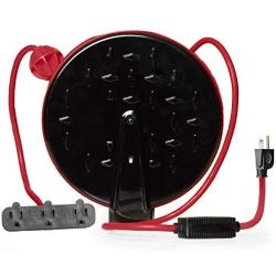 30Ft Retractable Extension Cord Reel with Breaker Switch & 3 Electrical Power Outlets - 16/3 SJTW Durable Red Cable - Perfect for Hanging from Your Garage Ceiling