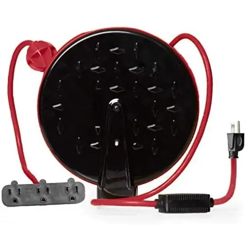 30Ft Retractable Extension Cord Reel with Breaker Switch & 3 Electrical Power Outlets - 16/3 SJTW Durable Red Cable - Perfect for Hanging from Your Garage Ceiling