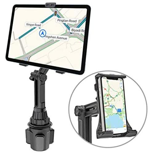 Cup Holder Tablet Mount, 2 in 1 Tablet and Cellphone Car Mount Holder Adjustable Swing Cradle with Extended Cup Phone Holder for Car Compatible with iPad iPhone 12 11 Pro Max Samsung Tablet Smartphone