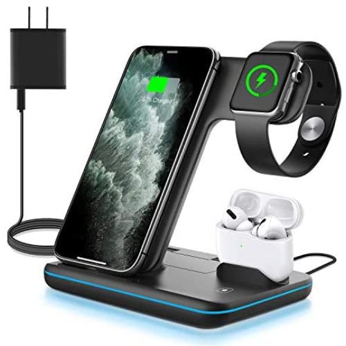 WAITIEE Wireless Charger, 3 in 1 Qi-Certified 15W Fast Charging Station for Apple iWatch Series SE/6/5/4/3/2/1,AirPods, Compatible for iPhone 12/11 Series/XS MAX/XR/XS/X/8/8 Plus/Samsung (Black)