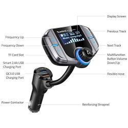 (Upgraded Version) Sumind Car Bluetooth FM Transmitter, Wireless Radio Adapter Hands-Free Kit with 1.7 Inch Display, QC3.0 and Smart 2.4A USB Ports, AUX Output, TF Card Mp3 Player(Silver Grey)