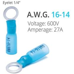 130 PCS Ring Terminals 1/4'' Blue 16-14 AWG - Electrical Connectors - Heat Shrink Wire Connector Kit - Automotive Marine Ring Connectors by Wirefy