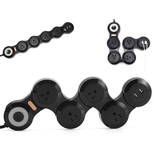 Flexible Power Strip Surge Protector 6Ft 4 Outlet 2USB Suitable for Home and Office. (Black)