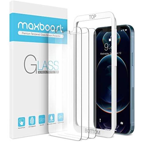 Maxboost Screen Protector Designed for iPhone 12 Screen Protector, iPhone 12 Pro Screen Protector -3 Pack, Tempered Glass Film compatible with iPhone 12 pro/12 6.1-inch (w/Alignment Tool included)
