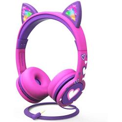 FosPower Kids Headphones with LED Light Up Cat Ears 3.5mm On Ear Audio Headphones for Kids with Laced Tangle Free Cable (Max 85dB) - Hot Pink/Purple