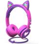 FosPower Kids Headphones with LED Light Up Cat Ears 3.5mm On Ear Audio Headphones for Kids with Laced Tangle Free Cable (Max 85dB) - Hot Pink/Purple