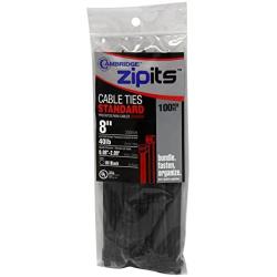 Cambridge ZipIts Cable Ties 8-in 40 Lb Standard Duty Self Locking UV Resistant Black Zip Ties, 100 Pack, UL Listed, Contractor Quality and Strength