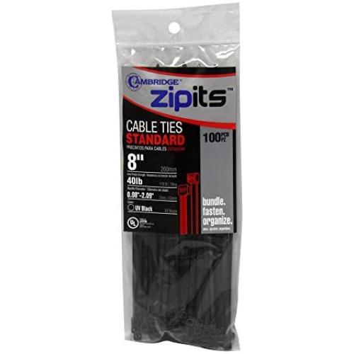 Cambridge ZipIts Cable Ties 8-in 40 Lb Standard Duty Self Locking UV Resistant Black Zip Ties, 100 Pack, UL Listed, Contractor Quality and Strength