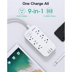 Power Strip with USB- Extension Cord with 6 Outlets 3 USB Charger, Flat Plug, Wall Mount 5ft Extension Cord, Desktop Charging Station for Home, Office, Dorm Essentials