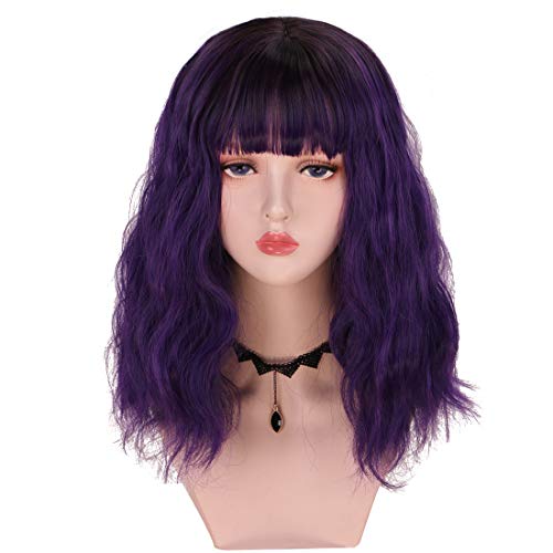 SinRany Shoulder Length Dark Root Purple Curly Fashion Anime Cosplay Wig For Women Girls