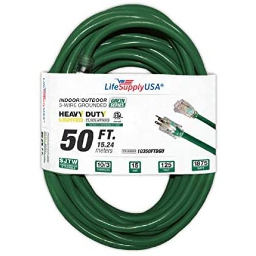 50 ft Extension Cord 10/3 SJTW with Lighted end - Green - Indoor / Outdoor Heavy Duty Extra Durability 15 AMP 125 Volts 1875 Watts ETL by LifeSupplyUSA