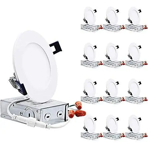 TORCHSTAR Essential Series 12-Pack 10.5W 4 Inch Slim LED Panel Downlight with J-box, Dimmable 800lm Ultra-Thin LED Recessed Light, ETL & Energy Star Listed, 3000K Warm White, White