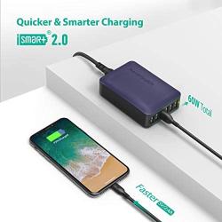 USB Charger RAVPower 60W 12A 6-Port Desktop USB Charging Station with iSmart Multiple Port, Compatible iPhone 12 Mini SE 11 Pro Max XS XR X iPad Pro Air Mini Galaxy S10 Note 10 Tablet (Navy Blue)
