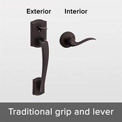 Kwikset 98150-014 Prescott Front Door Handle with Interior Tustin Lever Featuring Microban Antimicrobial Protection, Does Not Include Deadbolt​​​​​​​​​​​​​​, Venetian Bronze