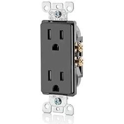 Leviton T5325-E 15 Amp 125 Volt, Tamper Resistant, Decora Duplex Receptacle, Straight Blade, Grounding, Black