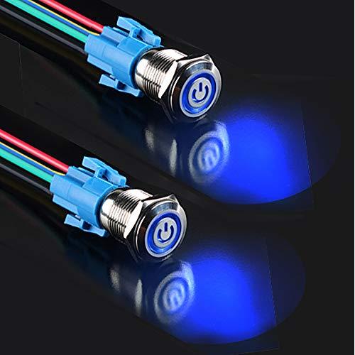 DaFuRui 2Pack 16mm 12V (Blue) Latching Self-Locking Pushbutton Switch ON/Off Silver Stainless Steel with Blue LED Suitable for 16mm 5/8'' Mounting Hole