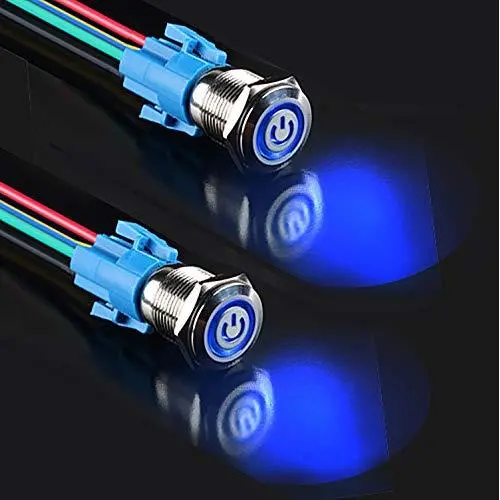 DaFuRui 2Pack 19mm 12V (Blue) Latching Self-Locking Pushbutton Switch ON/Off Silver Stainless Steel with Blue LED Suitable for 19mm 0.75'' Mounting Hole