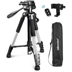 UBeesize 60-inch Camera Tripod, 5kg/11lb Load TR60 Load Portable Lightweight Aluminum Travel Tripod with Carry Bag & Bluetooth Remote, for DSLR Cameras Compatible with iPhone & Android Phone (Silver)