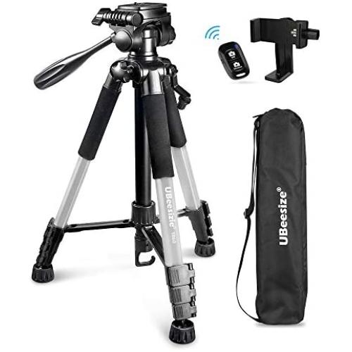 UBeesize 60-inch Camera Tripod, 5kg/11lb Load TR60 Load Portable Lightweight Aluminum Travel Tripod with Carry Bag & Bluetooth Remote, for DSLR Cameras Compatible with iPhone & Android Phone (Silver)