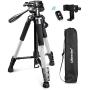 UBeesize 60-inch Camera Tripod, 5kg/11lb Load TR60 Load Portable Lightweight Aluminum Travel Tripod with Carry Bag & Bluetooth Remote, for DSLR Cameras Compatible with iPhone & Android Phone (Silver)