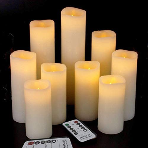 Antizer Flameless Candles Led Candles Pack of 9 (H 4'' 5'' 6'' 7'' 8'' 9'' x D 2.2'') Ivory Real Wax Battery Candles with Remote Timer