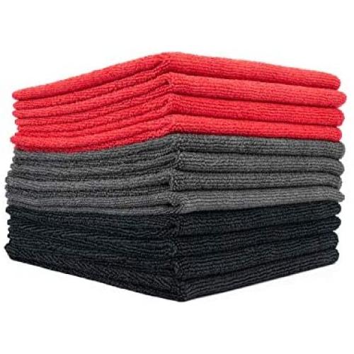 The Rag Company (12-Pack) 16 in. x 16 in. Commercial Grade All-Purpose Microfiber Highly Absorbent, LINT-Free, Streak-Free Cleaning Towels (Black/Grey/Red)